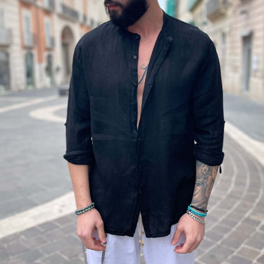 Camicia di lino nera collo coreano 2.0 - FLAG STORE